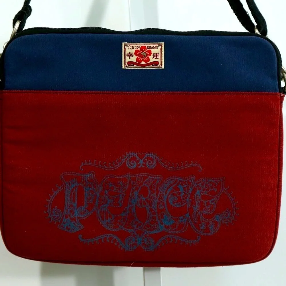 Lucky Brand Canvas Crossbody Messenger Bag Red & Navy Logo Patch Laptop